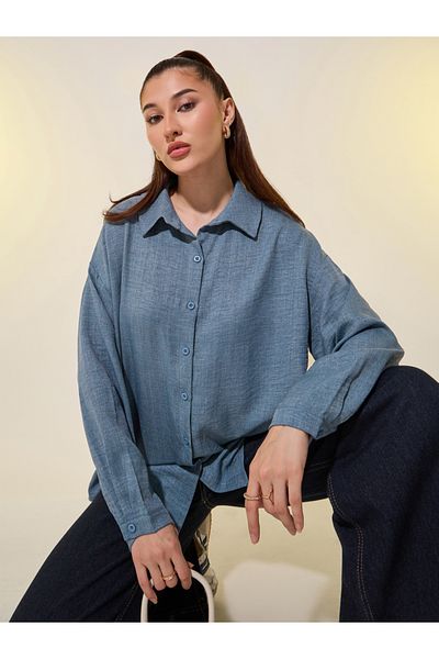 Styli Women Blue Solid Long Sleeve Oversized Shirt