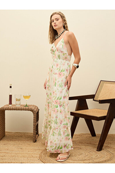 Sassafras By Styli White All-Over Floral Print Back Cut Out Detail A-Line Maxi Dress