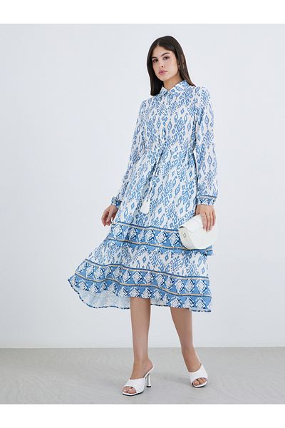 Styli Printed Long Sleeves Collared Tiered Midi Dress