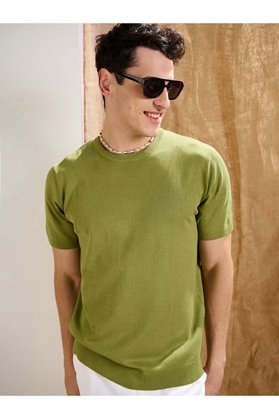 Mascln Sassafras By Styli Olive Premium Knit Round Neck T-Shirt