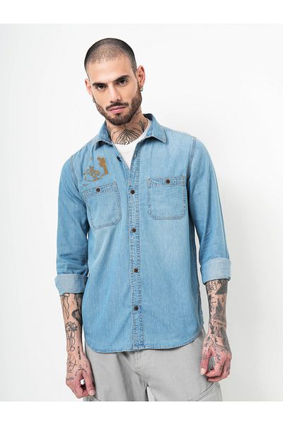 British Club By Styli Slogan Print Regular Fit Denim Shirt with Chest Pockets