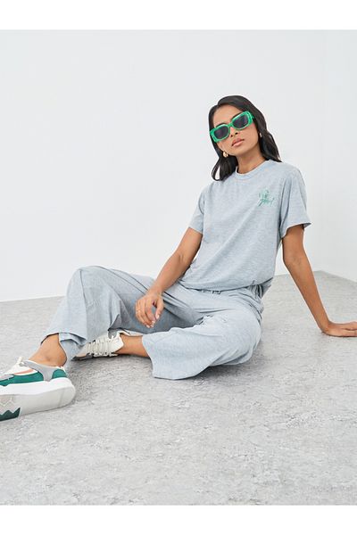 Styli Grey Slogan Print T-Shirt and Pants Co-Ords