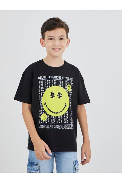 Styli Boys Black Emoji Print Oversized T-Shirt