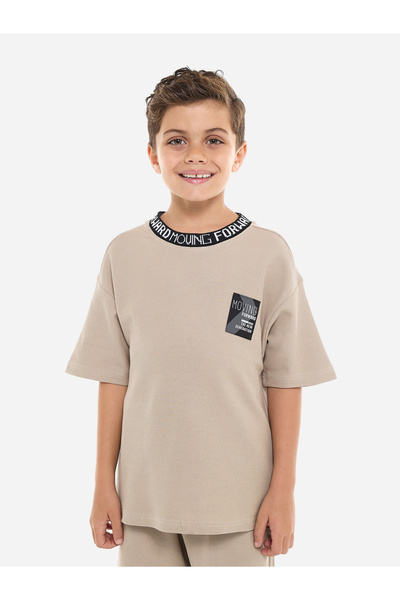 Victor and Jane By Styli Beige Cotton Short Sleeve T-Shirt and Shorts Set