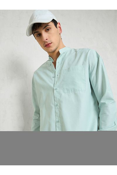 Mascln Sassafras By Styli Men Green Striped Mandarin Collar Relaxed Fit Shirt