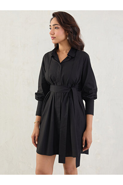 Styli Black Solid Poplin Pleated Shirt Mini Dress with Belted Detail