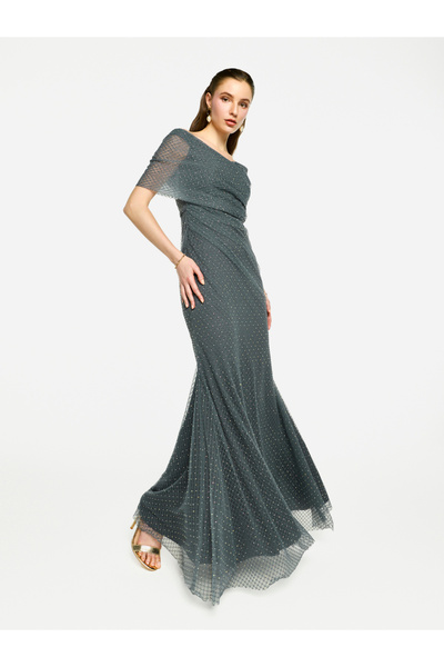House of Moda By Styli Embellished Mesh Off Shoulder Maxi Dress