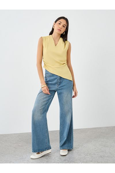 Styli Women Yellow Asymmetric Hem V Neck Blouse