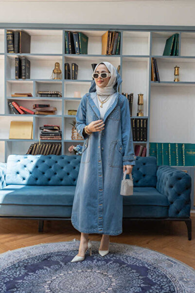 Neways 6329-Taşlı Denim Kapşonlu Kap Mavi