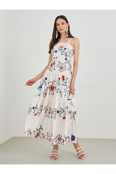 Styli Floral Print Sleeveless Tiered Midi Dress
