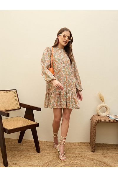 Sassafras By Styli Peach Paisley Print Shirt Mini Dress
