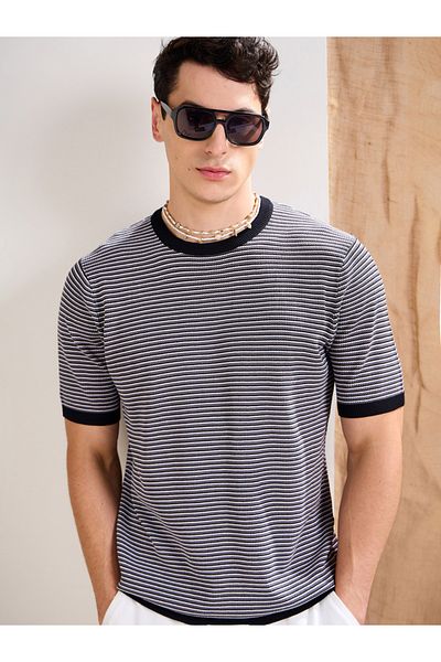 Mascln Sassafras By Styli Black and Grey Striped Premium Knit T-Shirt