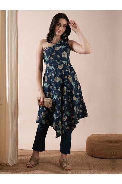 Globus By Styli Floral Print One Shoulder Asymmetric Hem A-Line Kurta and Pants Co-Ords