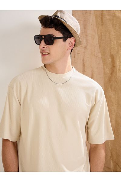 Mascln Sassafras By Styli Beige Waffle Knit Oversized T-Shirt
