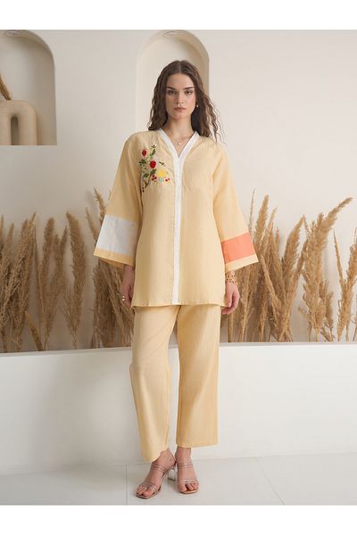 Sanskrutihomes By Styli Embroidered Linen Longline Top with Pants Co-Ords