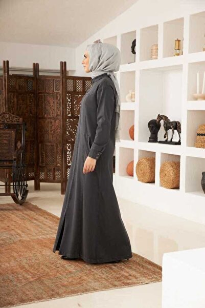 Neways 6579-Denim Fermuarlı Ferace Koyu Gri