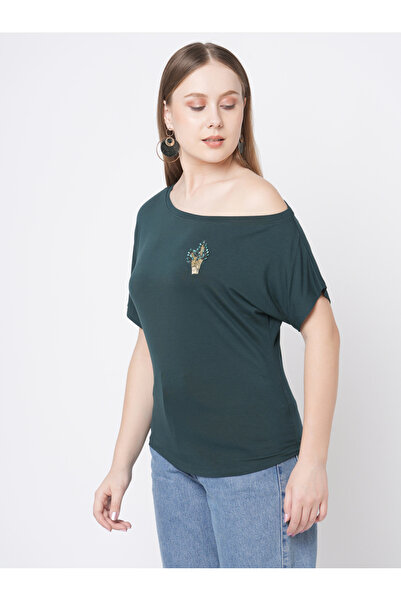 Mish By Styli Women Green Embellished Detail One Side Off-Shoulder T-Shirt