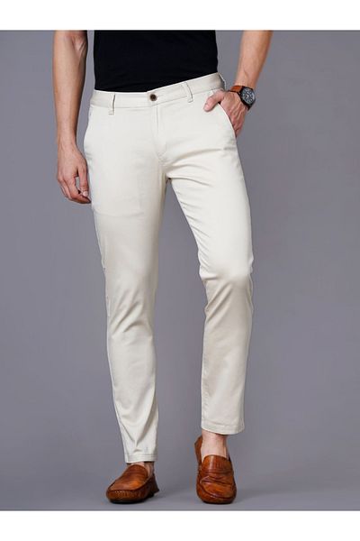 British Club By Styli Men Cream Sim Fit Flat-Front Chinos