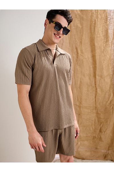 Mascln Sassafras By Styli Men Beige Textured Relaxed Fit Polo T-Shirt and Shorts Co-Ords