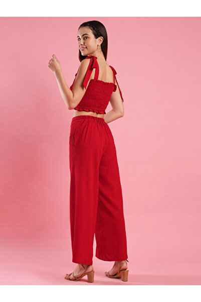 Globus By Styli Smocked Detail Strappy Crop Top and Elasticated Waistband Trousers Co-Ords