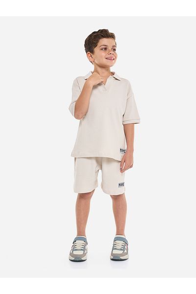 Victor and Jane By Styli Boys Beige Cotton Jacquard Polo and Shorts Set
