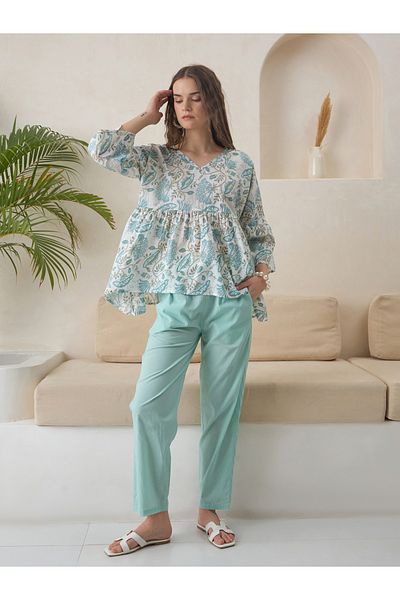 Sanskrutihomes By Styli Printed Pure Cotton V-Neck Top and Pants Co-Ords