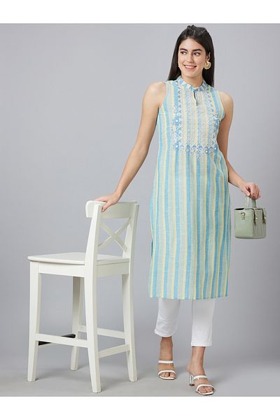 Globus By Styli Striped Sleeveless Straight Cotton Kurta
