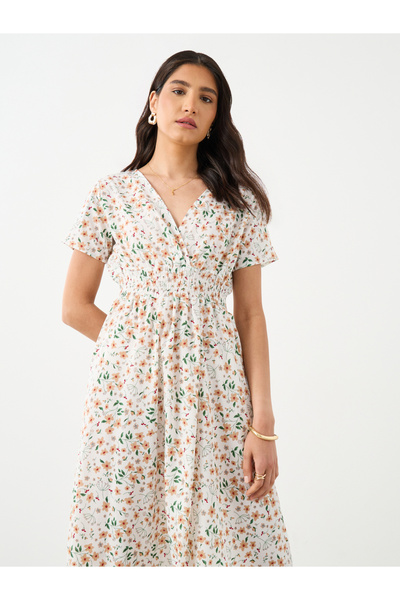Styli Floral Print V-Neck Short Sleeve Midi Dress