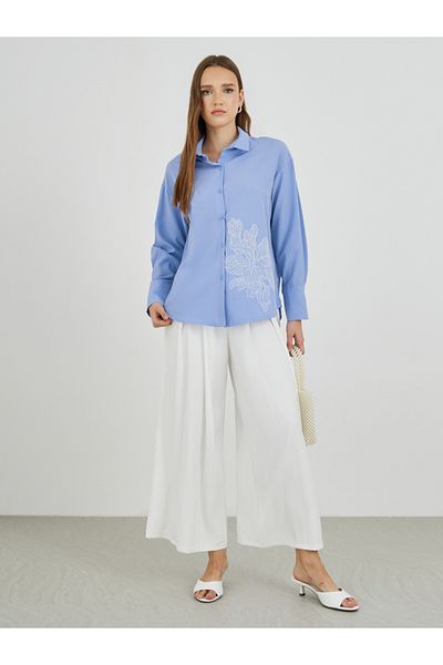 Styli Floral Embroidered Long Sleeve Oversized Shirt