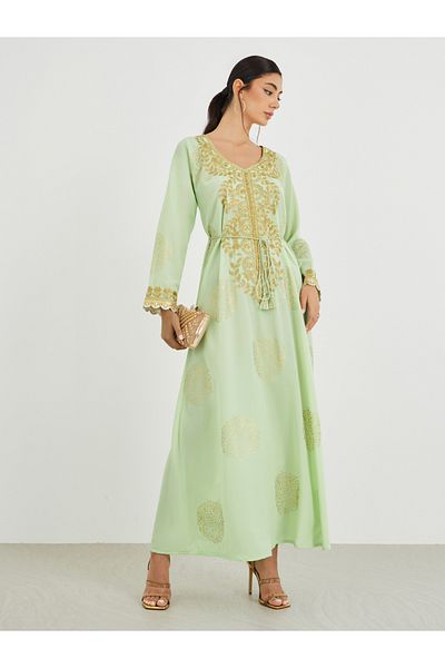 Styli Foil Print V Neck Jalabiya with Embroidery and Lace Detail