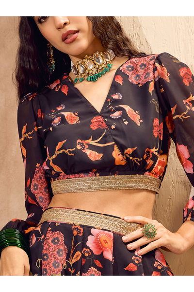 Sassafras By Styli Black Floral Print Wrap Crop Top with Anarkali Skirt Co-Ords
