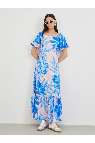 Styli Floral Print Puff Sleeve Maxi Dress