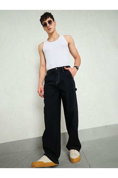 Mascln Sassafras By Styli Men Black Mid Rise Contrast Thread Detail Wide Leg Jeans
