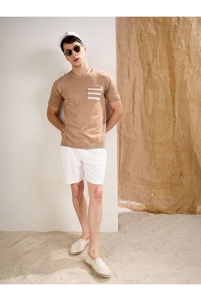 Mascln Sassafras By Styli Beige Premium Knit Contrast Pocket T-Shirt