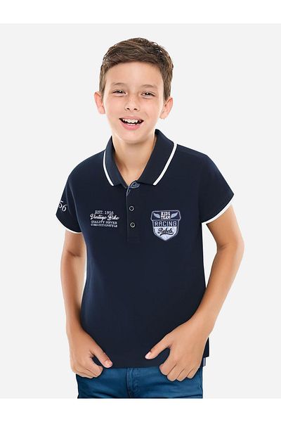 Victor and Jane By Styli Boys Navy Blue Embroidered Detail Short Sleeve Polo T-Shirt