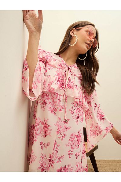 Sassafras By Styli Pink All-Over Floral Print Ruffle Trim A-Line Mini Dress