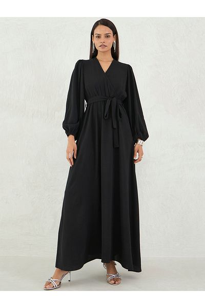 Styli Black Solid V Neck Wrap Look A-Line Maxi Dress