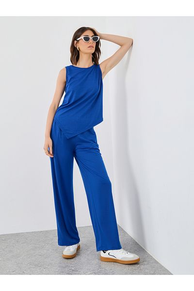 Styli Blue Asymmetric Top and Wide Leg Pants Co-Ords