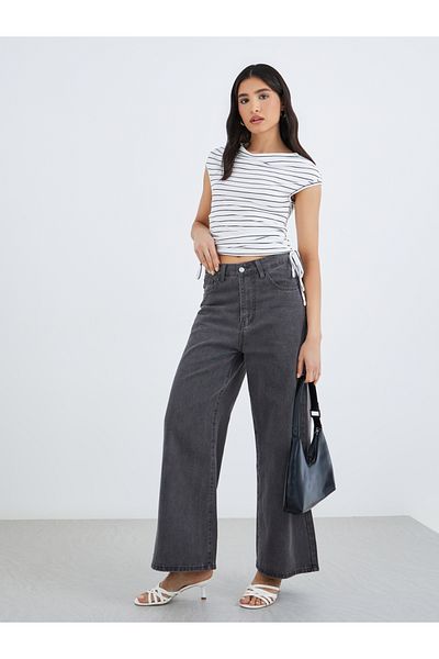 Styli Striped Cowl Neck T-Shirt with Side Ruched Detail