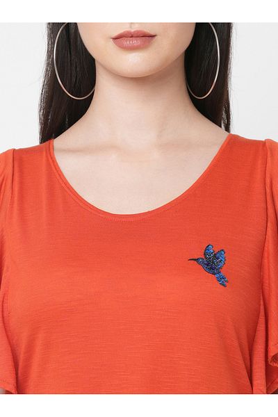 Mish By Styli Women Orange Embellished Bird Detail Ruffled Sleeves T-Shirt