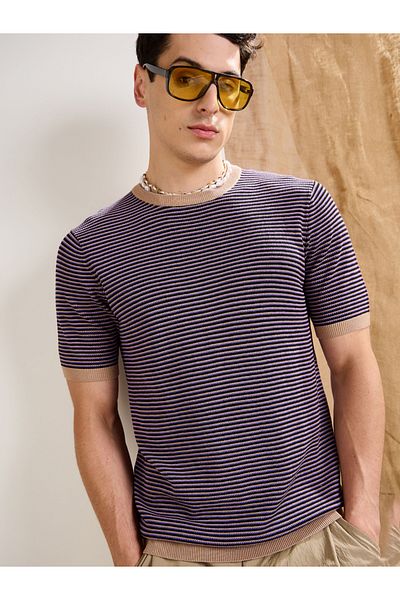 Mascln Sassafras By Styli Purple and Black Striped Premium Knit T-Shirt
