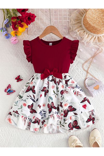 Styli Butterfly Print Ruffled Bow Detail Dress