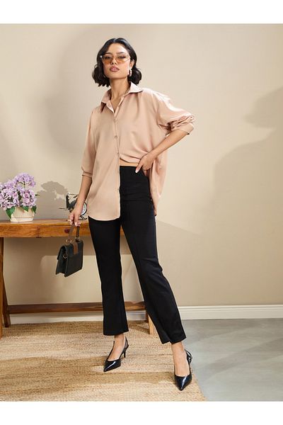 Sassafras By Styli Beige Satin Oversized Curved Hem Buttoned Shirt
