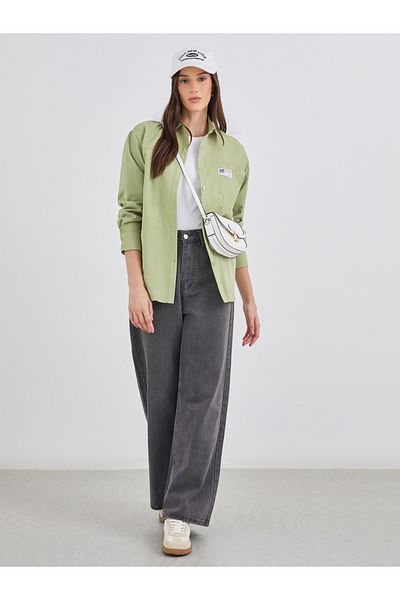 Styli Women Green High-Low Hem Shirt with Patch Detail