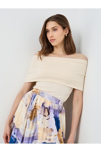 Styli Beige Solid Off Shoulder Knit Top