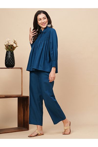 Globus By Styli Solid Smocked Detail Buttoned Shirt and Trousers Co-Ords