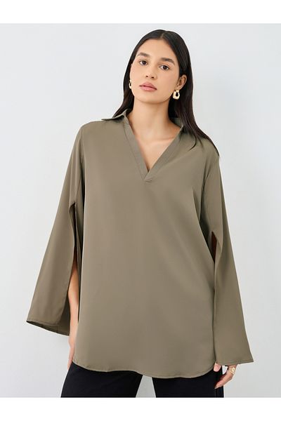 Styli Women Brown Slit Sleeve Oversized Shirt