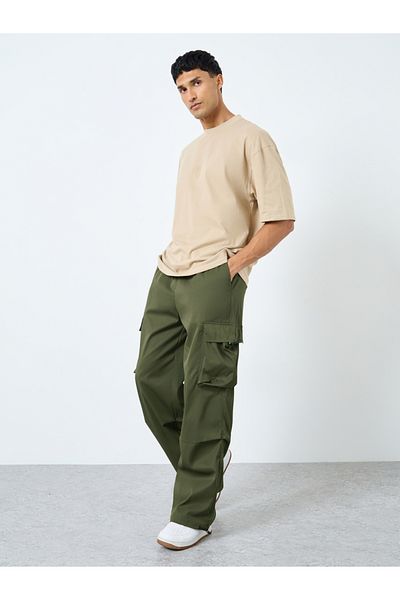 Styli Men Olive Woven Oversized Cargo Joggers with Adjustable Loop