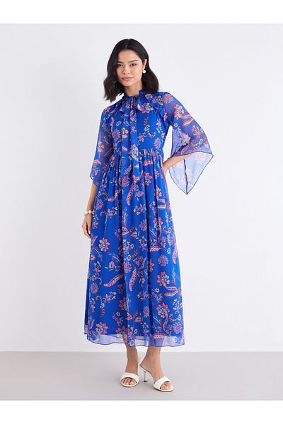 Styli Women Blue Tie-Up Neck Floral Print Maxi Dress