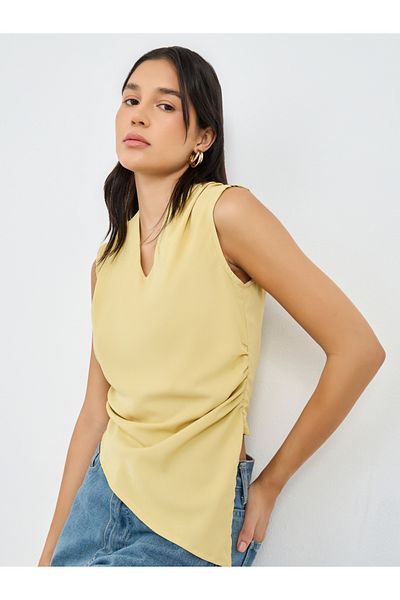 Styli Women Yellow Asymmetric Hem V Neck Blouse